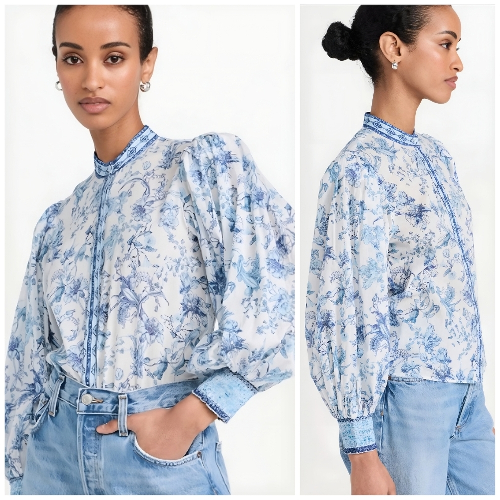 Alice + Olivia Blue and White Floral Balloon-Sleeve Blouse - Picture 2 of 13